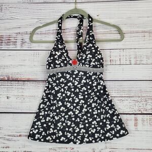 HOBIE New Tankini Swim Top Size S Black and White Cherries Open Back Halter NWT